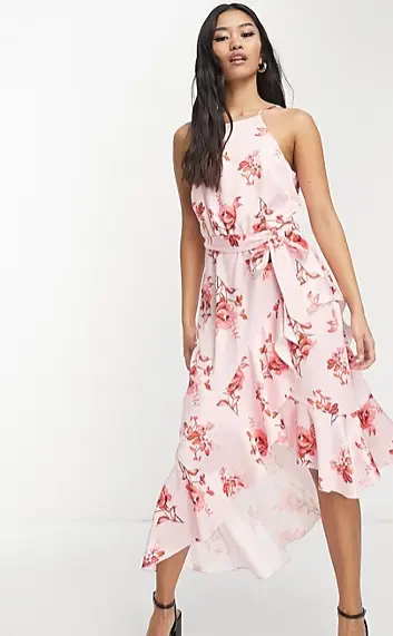 hater neck floral dress with ruffle hem