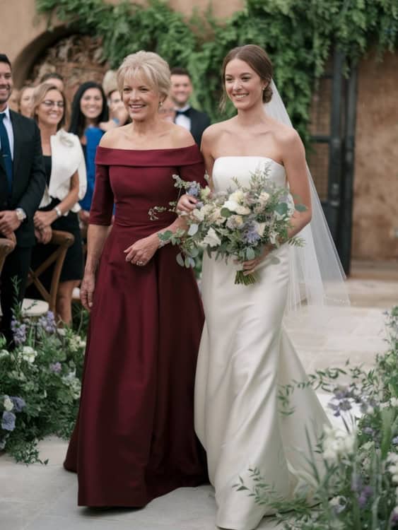 bride mother walking down the aisle, mother in a red off the shoulder gown