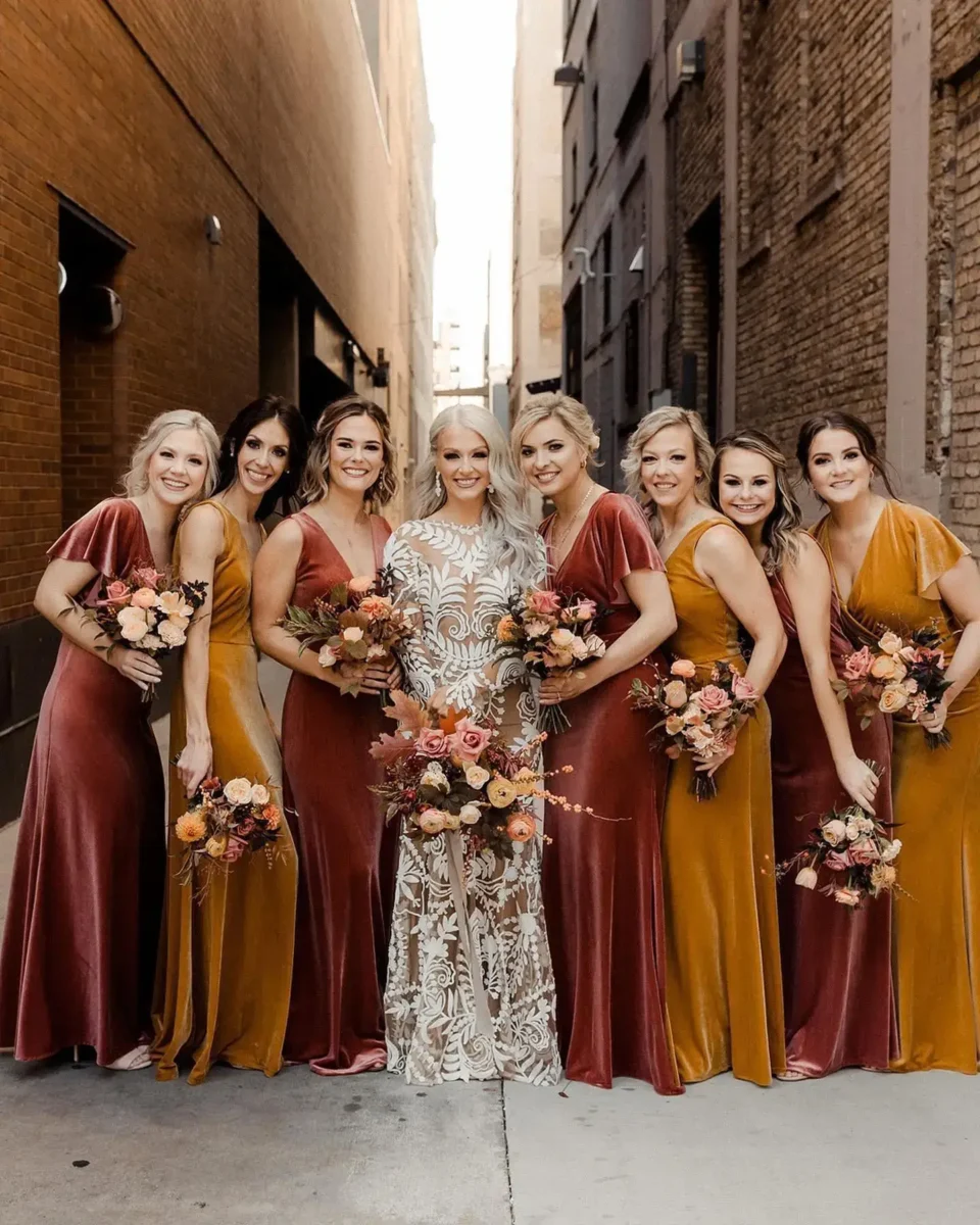 mustard and copper bridesmaid dresses in velvet 
