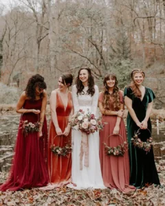 bridesmaid in mismatched velvet bridesmaid dresses