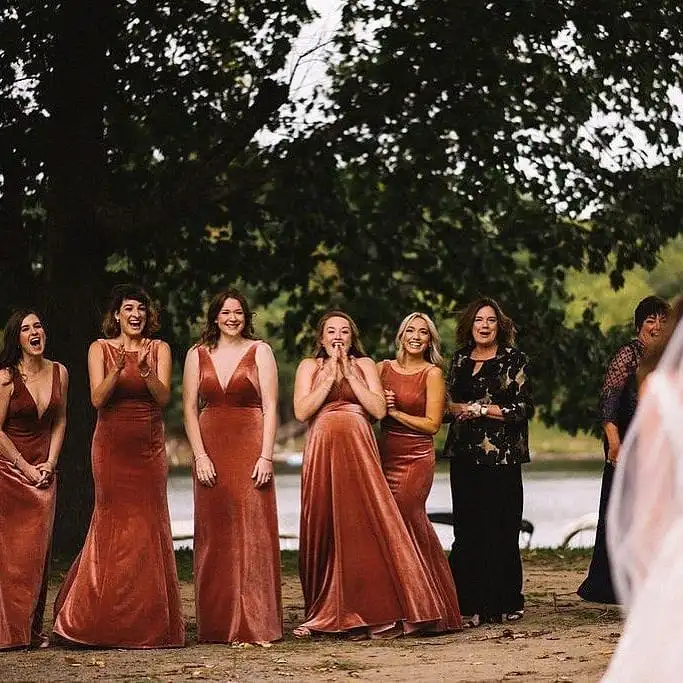 bridesmaids in velvet dresses, different styles and maternity 