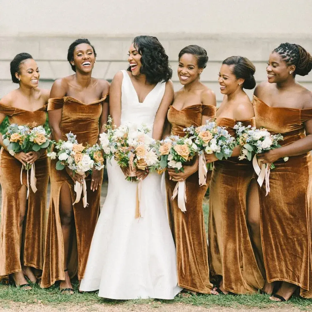 bridesmaids in copper bridesmaid dresses