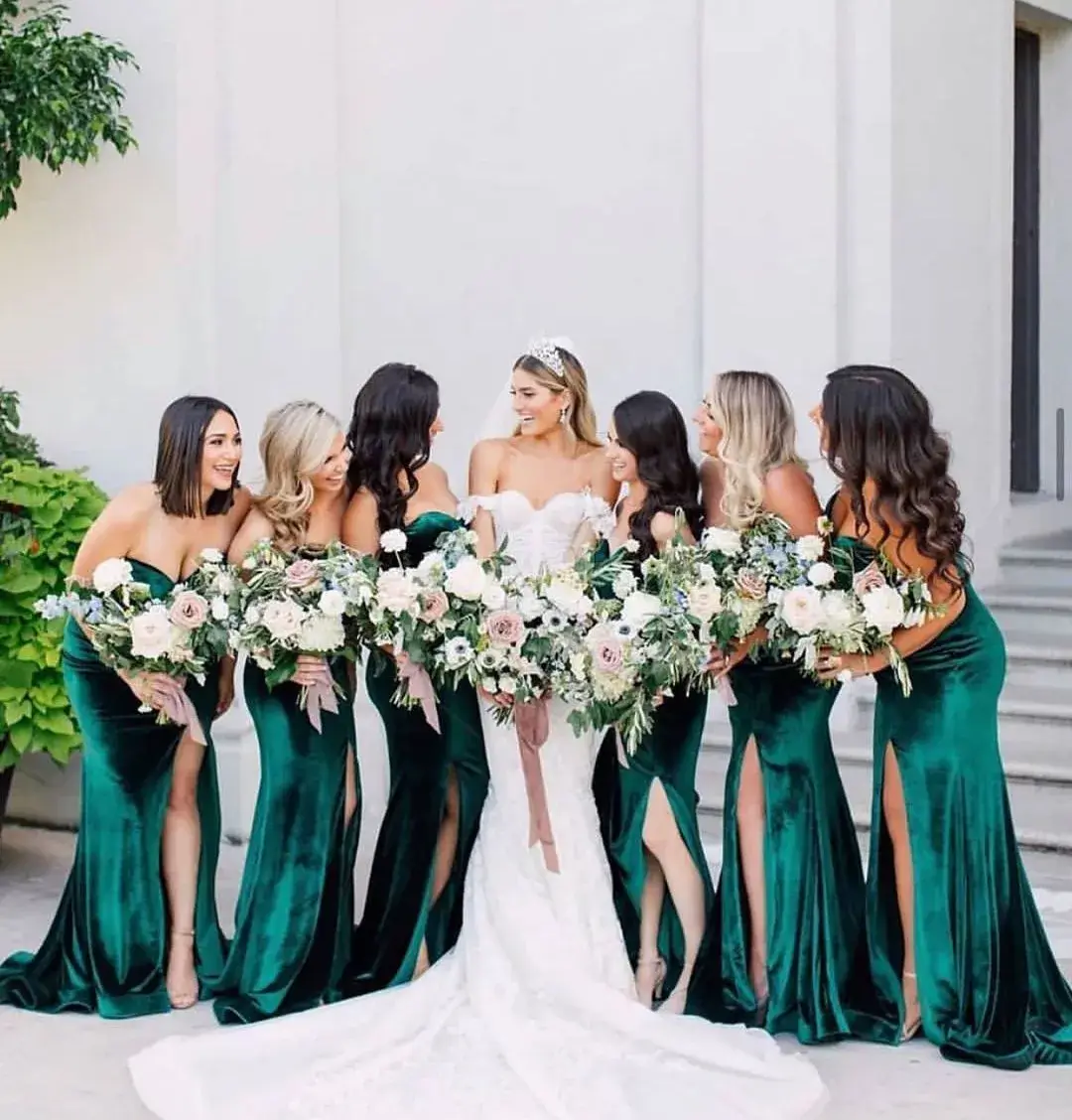 bride and bridesmaid in green velvet dresses