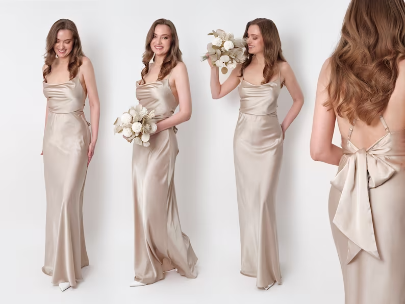 4 bridesmaids wearing maxi champagne dresses