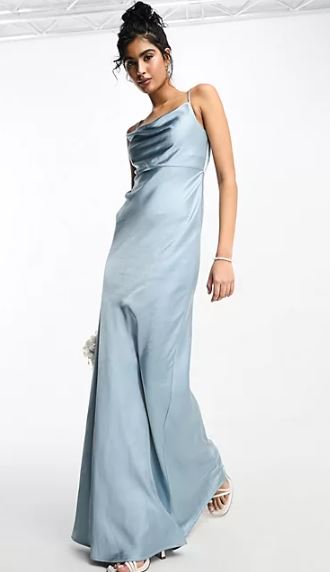 bridesmaid in blue satin maxi slip dress with cowl neckline