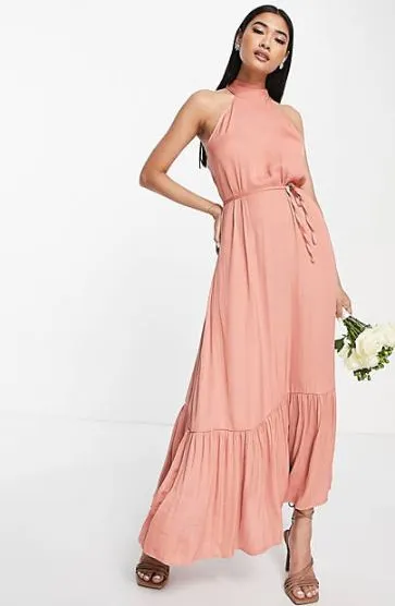 halter neck coral bridesmaid dress