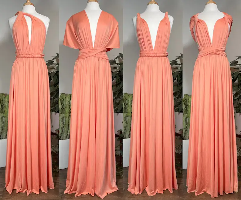the same multiway dress in coral show in 4 different ways you can twist the sleeves 