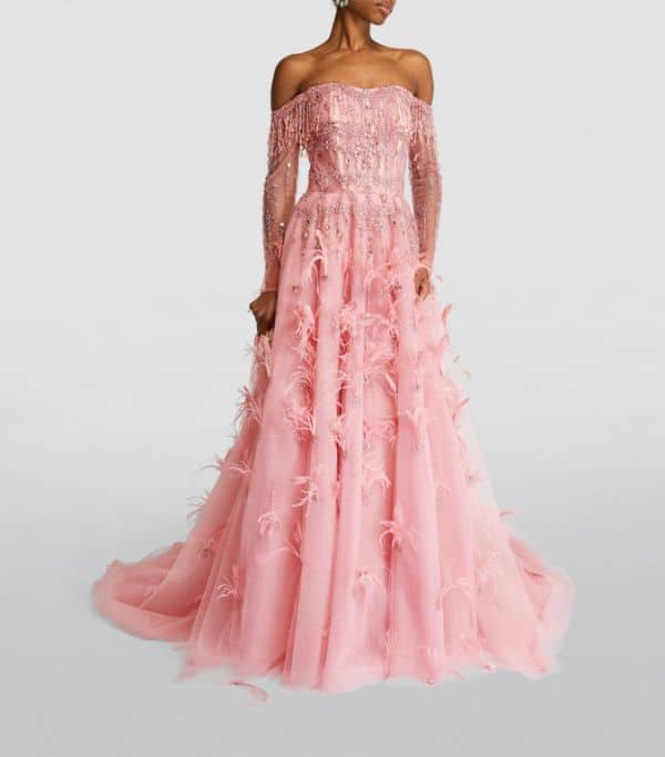 pink wedding dress with skirt covered in pink feathers 