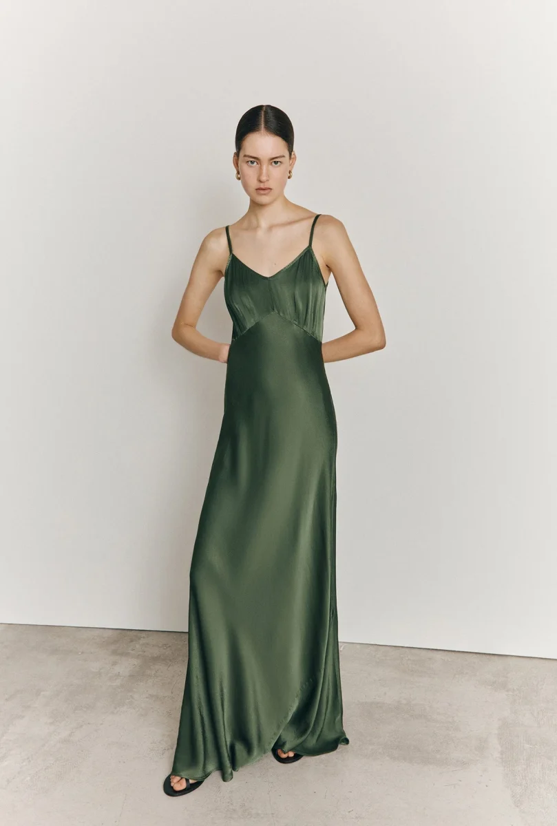 green slip bridesmaid dress thin straps and floor length