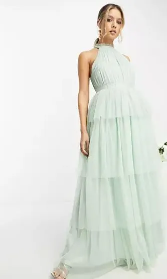 tiered halter neck blue bridesmaid