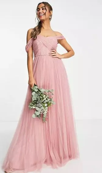 chea off the shoulder pink tulle bridesmaid