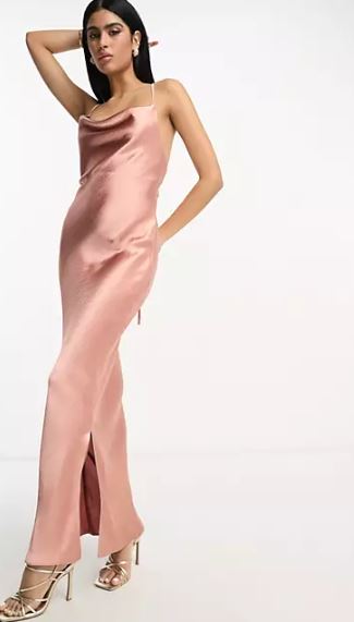 bridesmaid in a pink maxi slip dress with cowl neckline