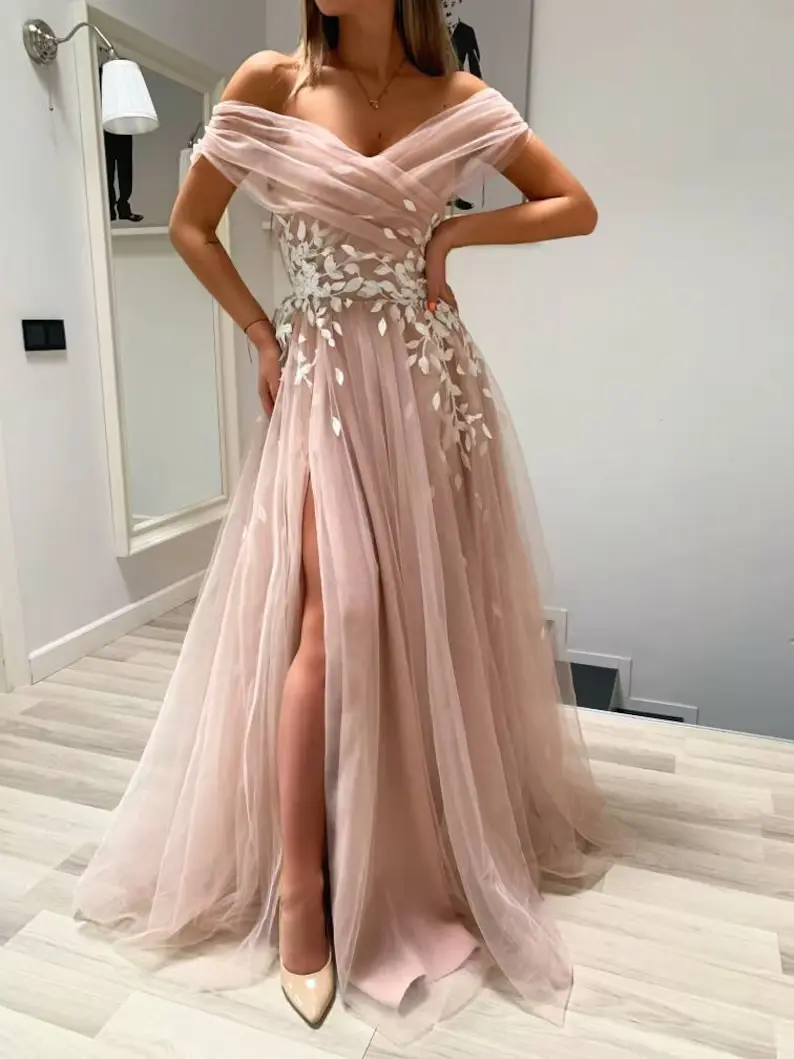 off the shoulder pink tulle dress