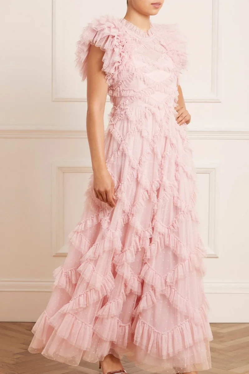 ruffled pink maxi wedding dress. ruffles everywhere