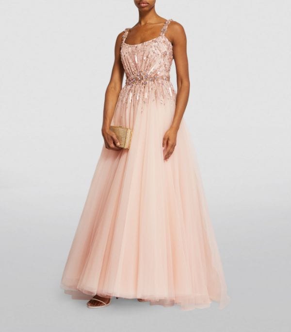 sequin top and pink tulle full skirt dress
