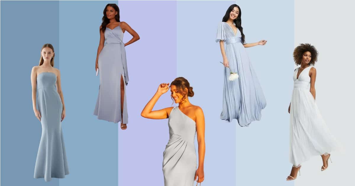 shades of  baby blue with matching bridesmaid dresses