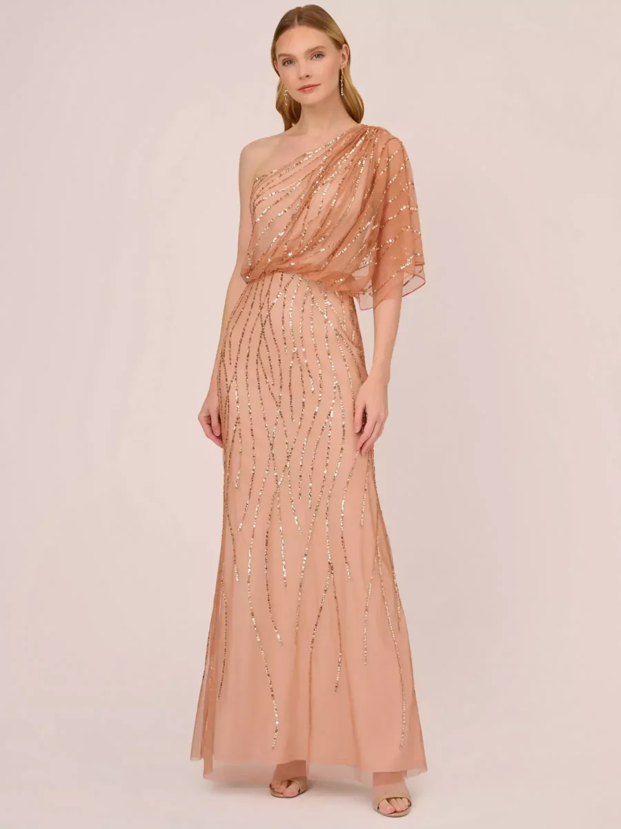 gold sequin one shoulder gown