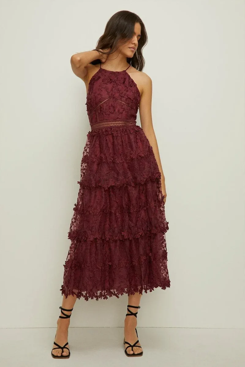 burgundy halter neck lace bridesmaid dress