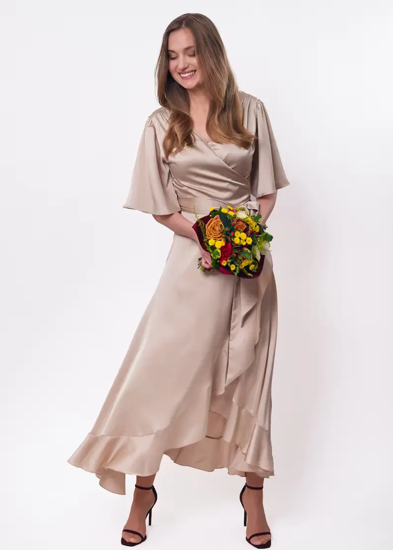 wrap satin dress with medium length sleeves