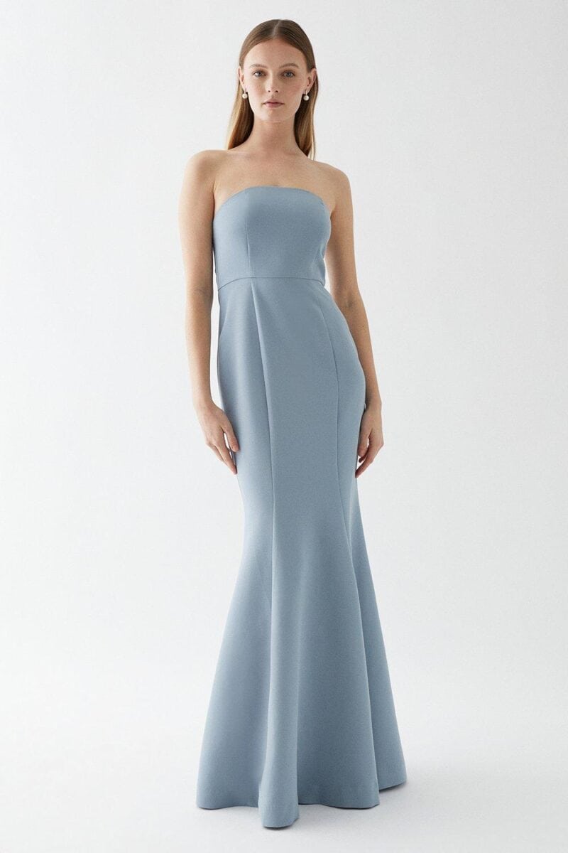 sleeveless fishtail baby blue bridesmaid dress
