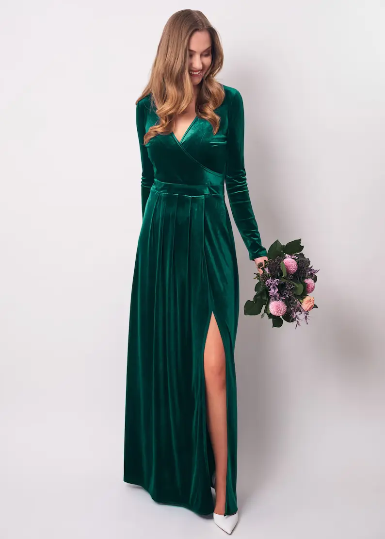 long sleeve emerald velvet bridesmaid dress
