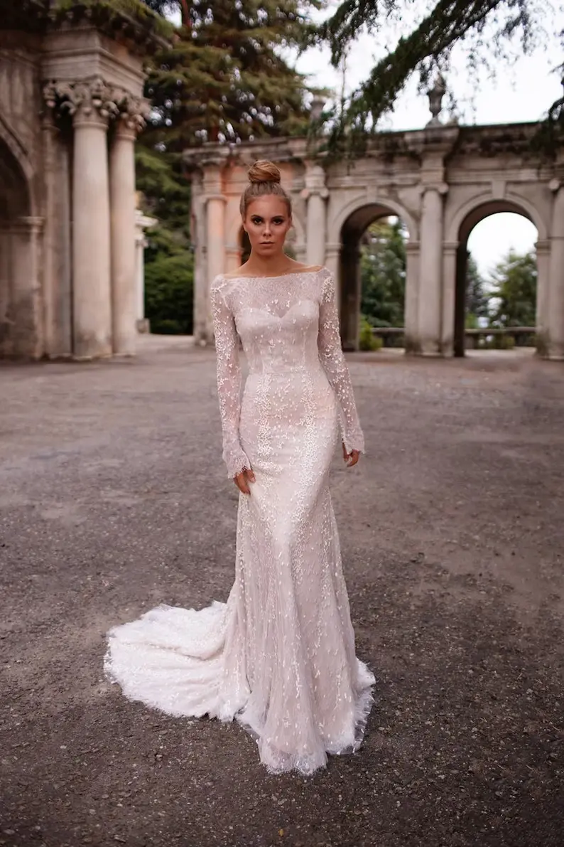 long sleeve sequin sheath wedding dress