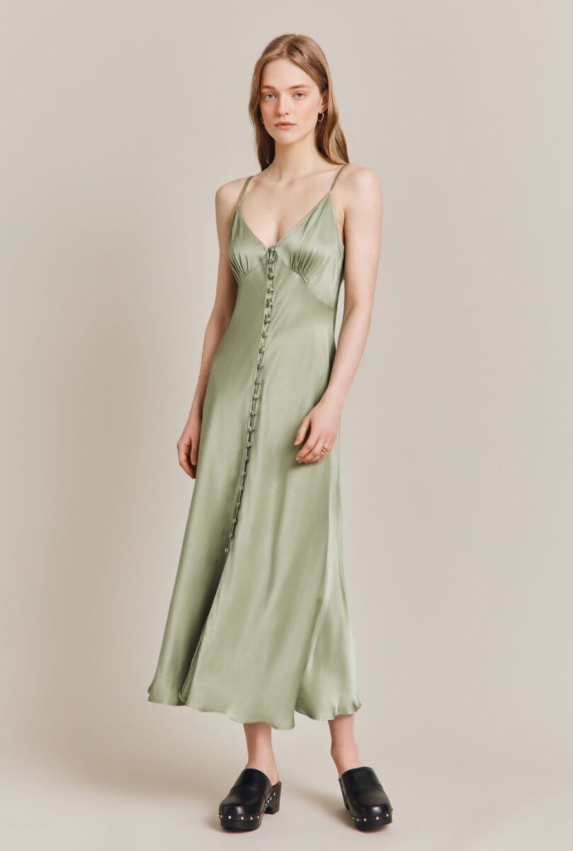 satin slip with buttons all down the front, light moss