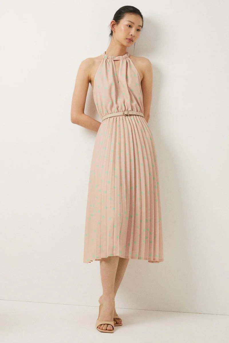 midi pleated skirt with halter neck taupe dress