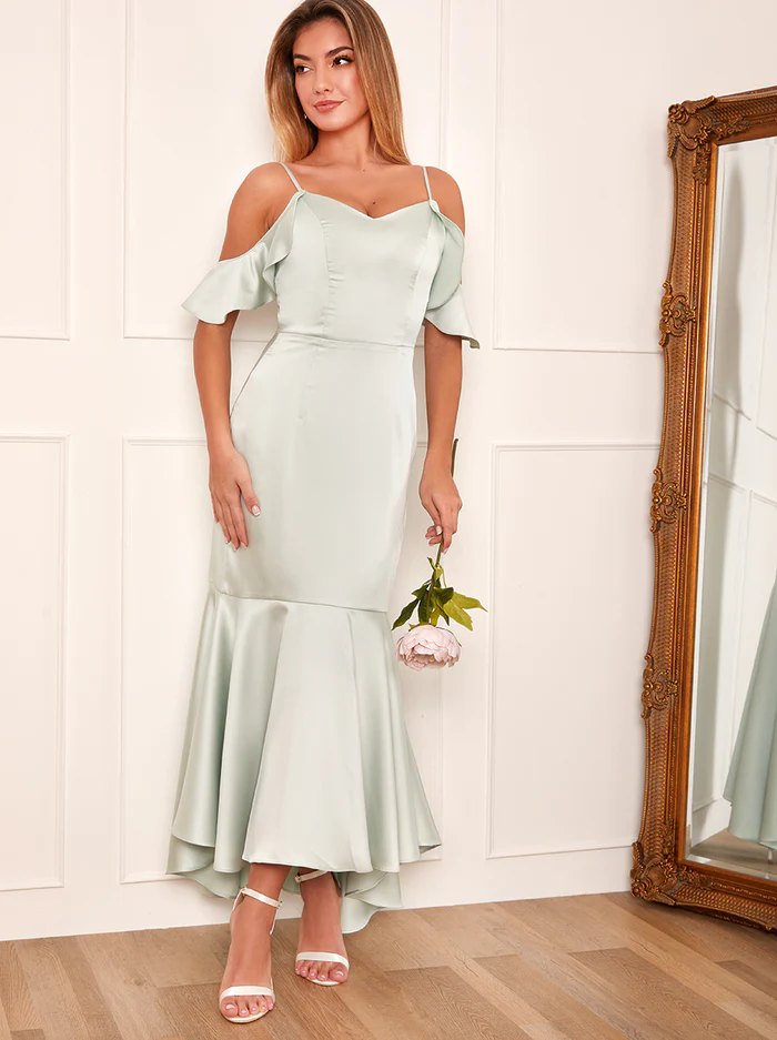 satin fishtail mint green bridesmaid dress