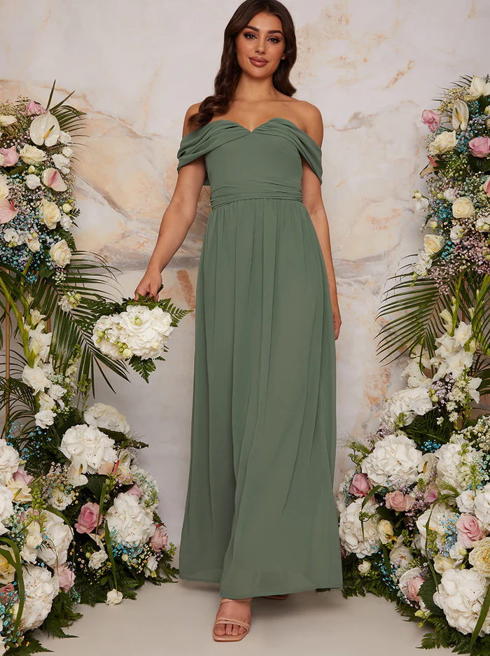 off the shoulder moss green bridesmaid 