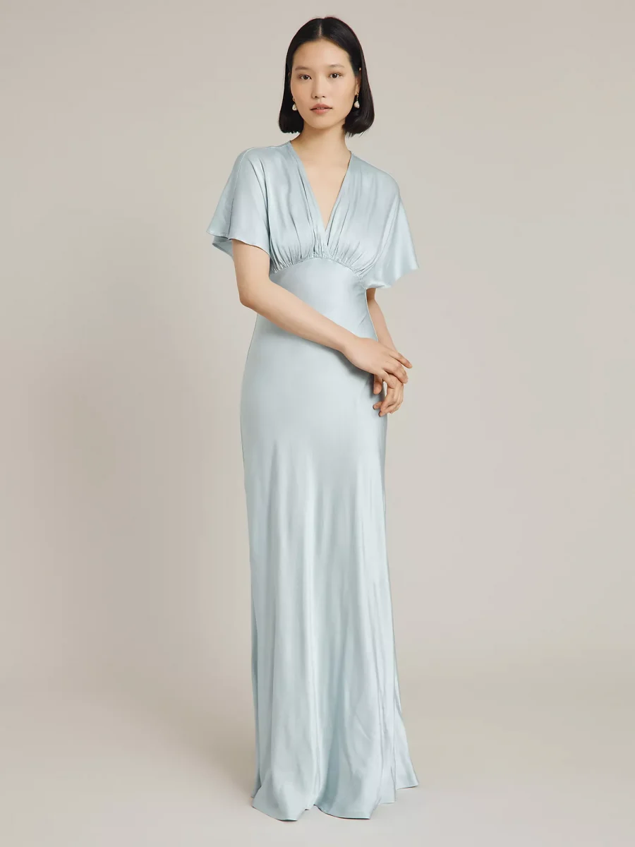 satin vintage feel baby blue bridesmaid dress