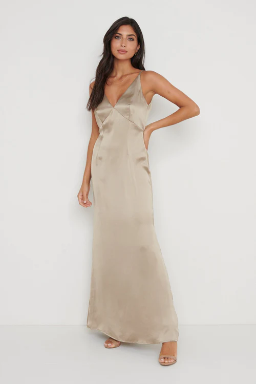 slip style dress in a taupe colour