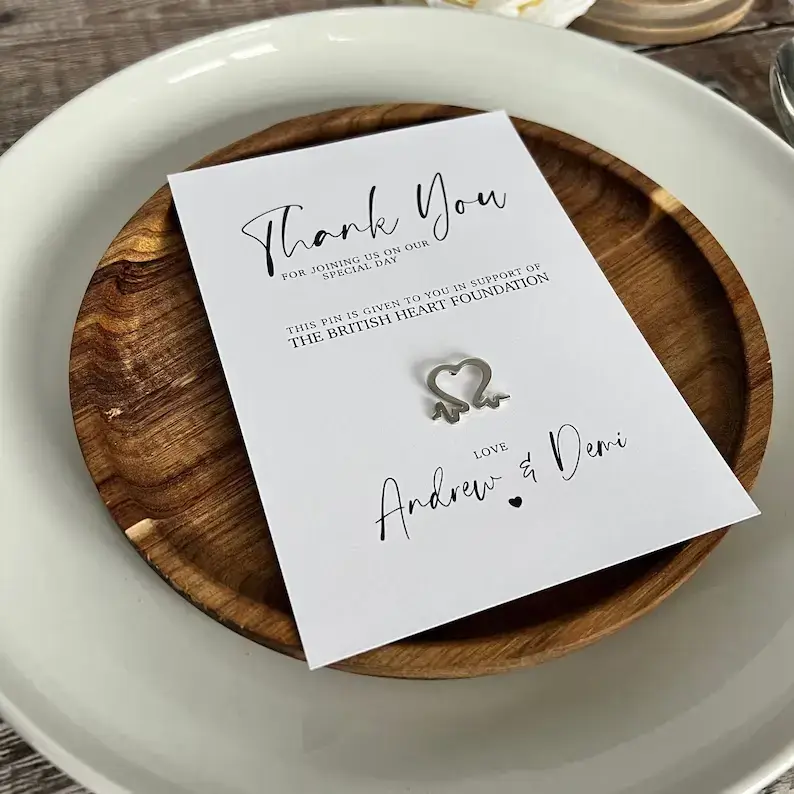 charity wedding favour card and pin