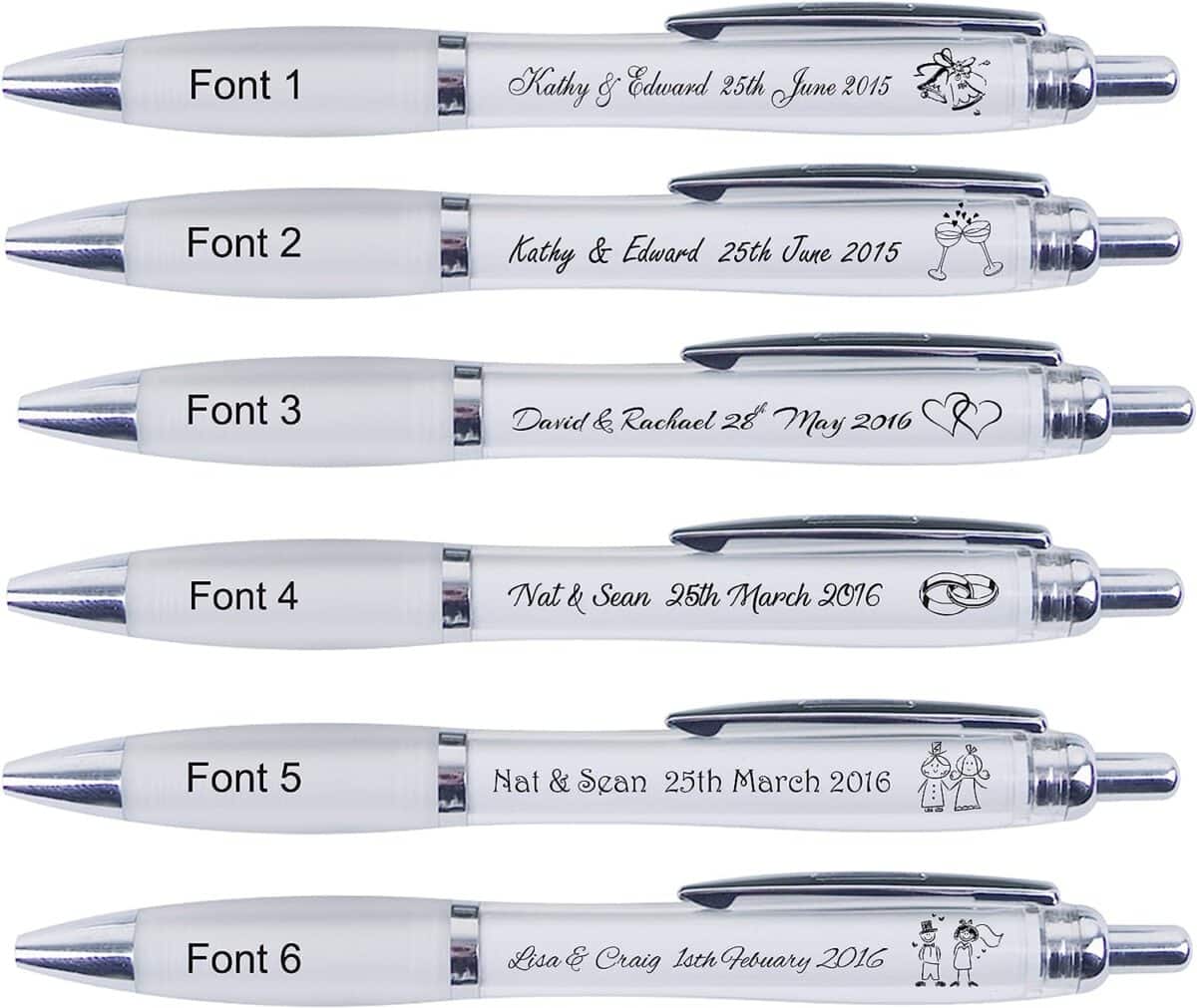 white personalised favour pens with name and wedding date