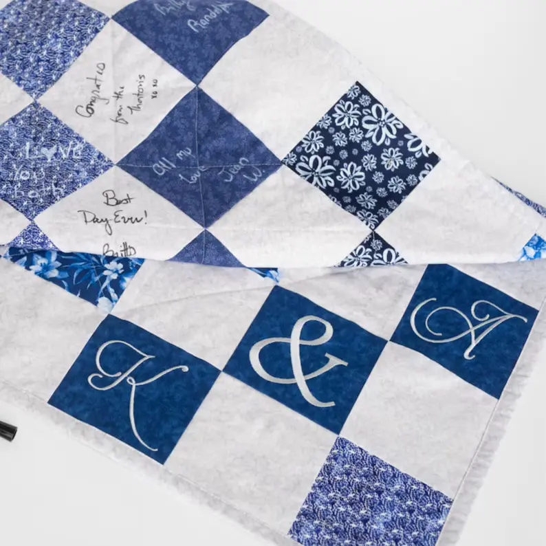 blue and white quilt guest book