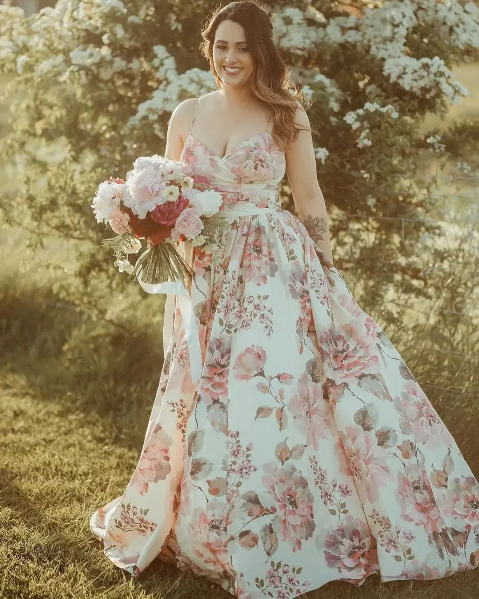 bride in romantic floral wedding dress