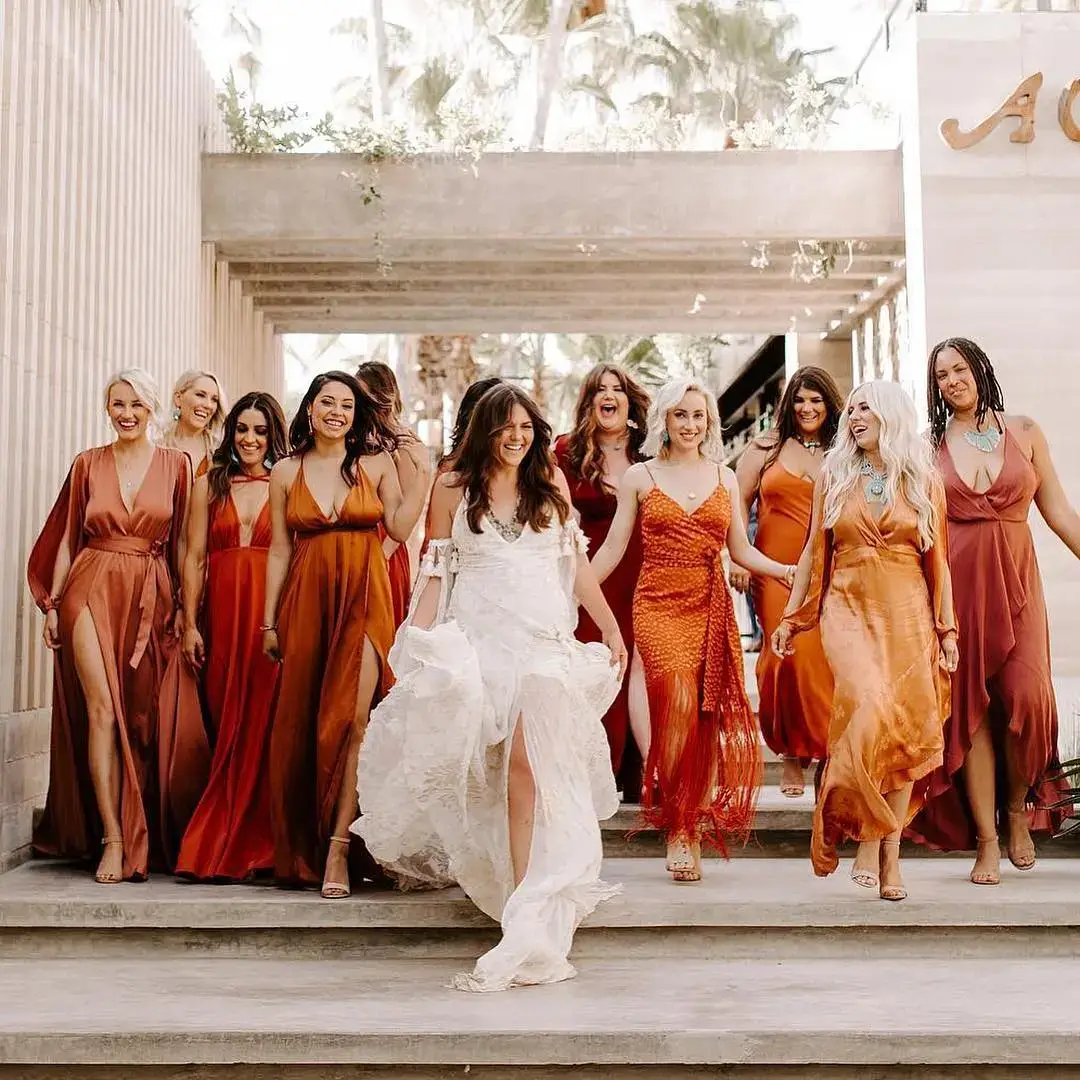 mixmatched bridesmaid dresses in mixed copper tones 
