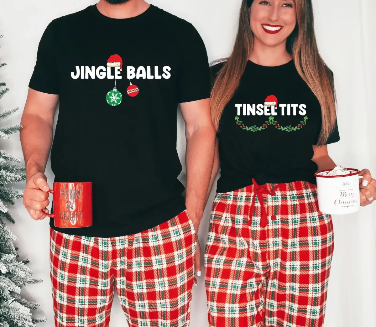 couple pajamas jingle bells and tinsel tits