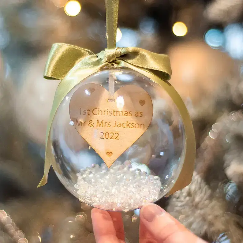 glass bauble with hanging wooden engraved heart
