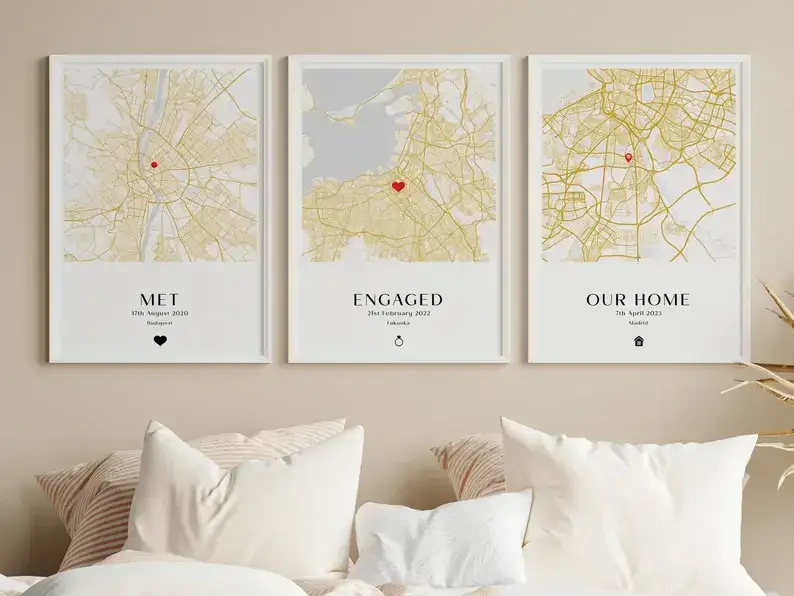 3 map set where they met, engaged and married 