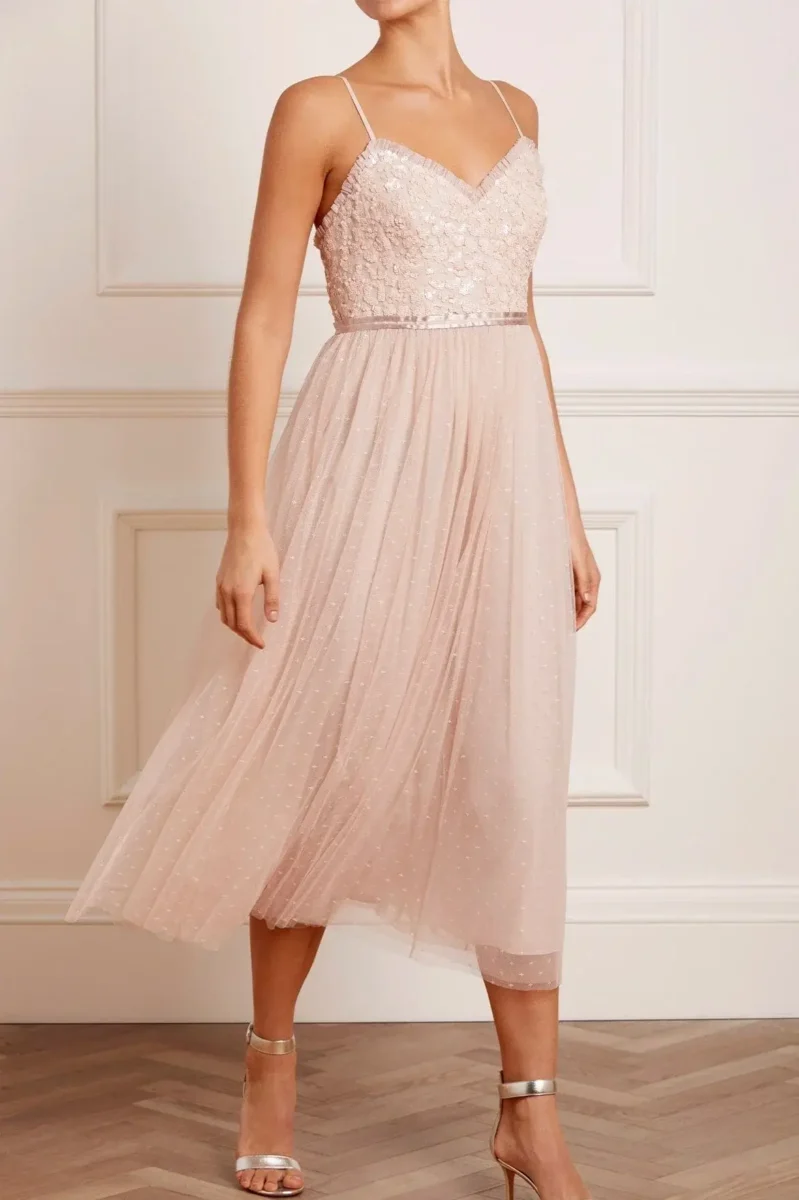 pink thin strap bridesmaid dress