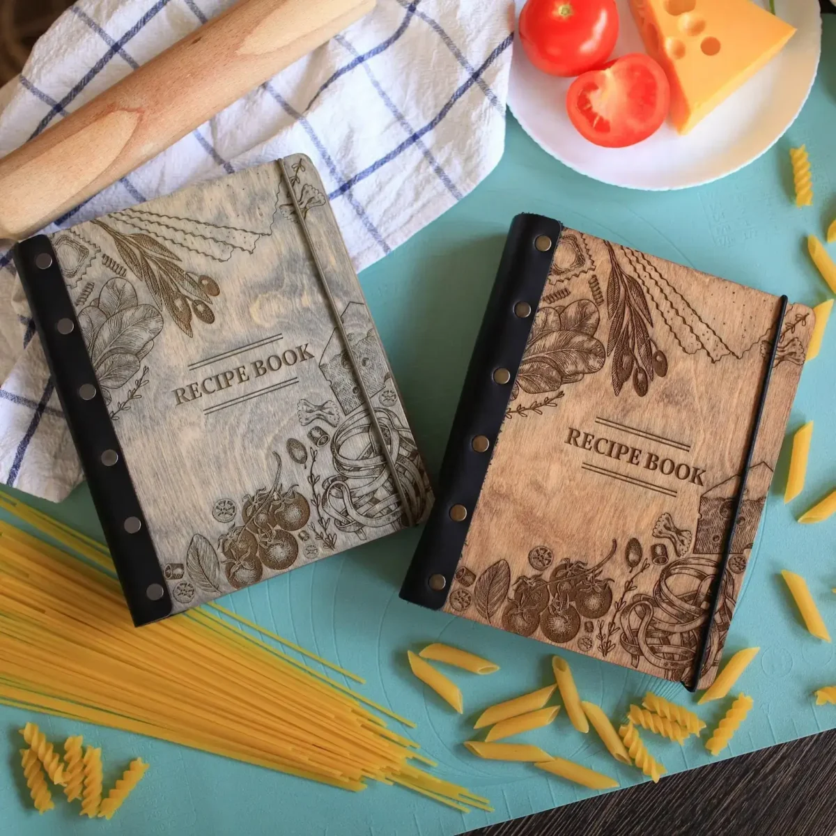leather and wood engraved couples cookbook