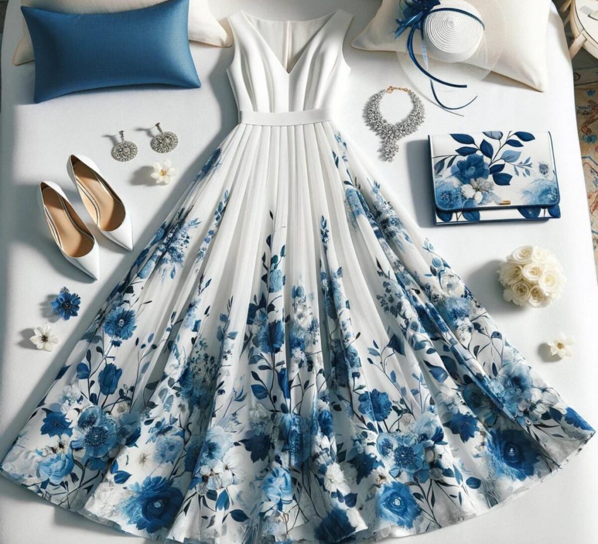 blue and white summer dress laid out with shoes, hat and jewellery 