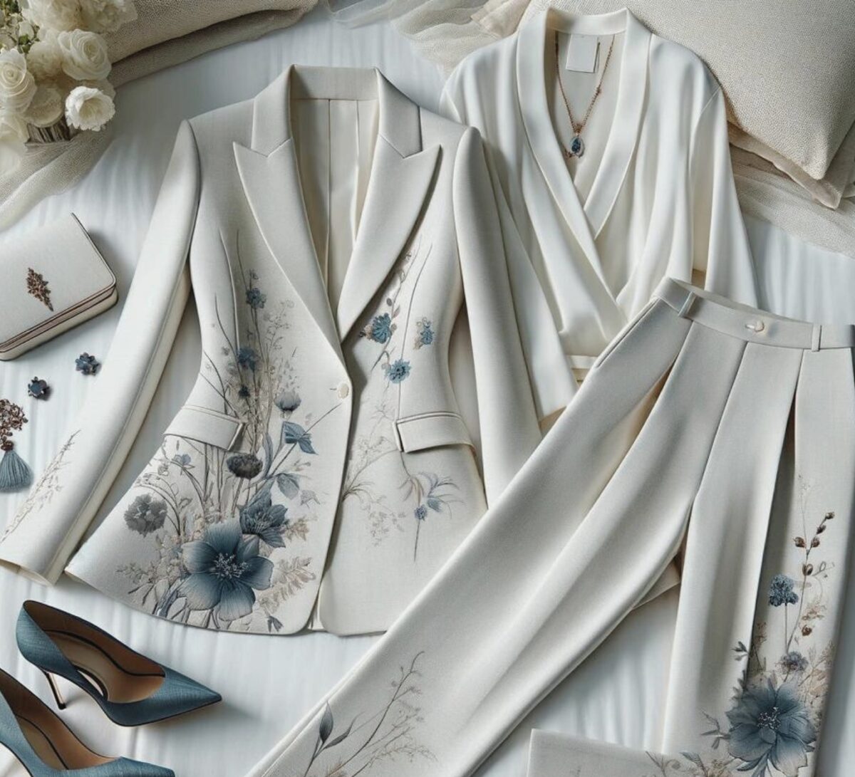blue and white trouser suit laid out on bed with shirt, shoes and bag
