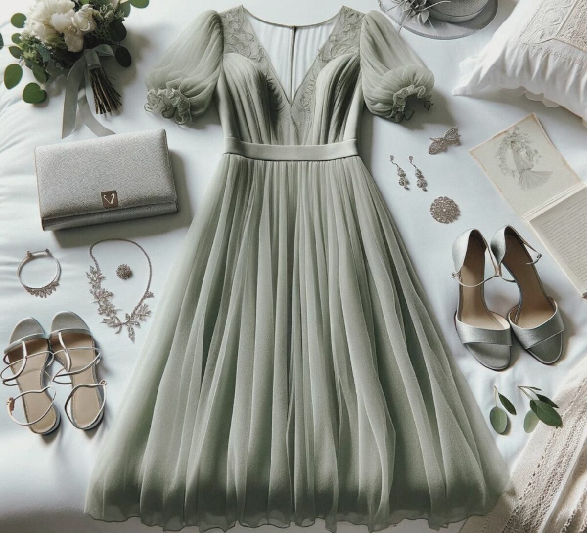 sage green dress laid out with shoes, bag and jewellery all styled for the mother of the bride 