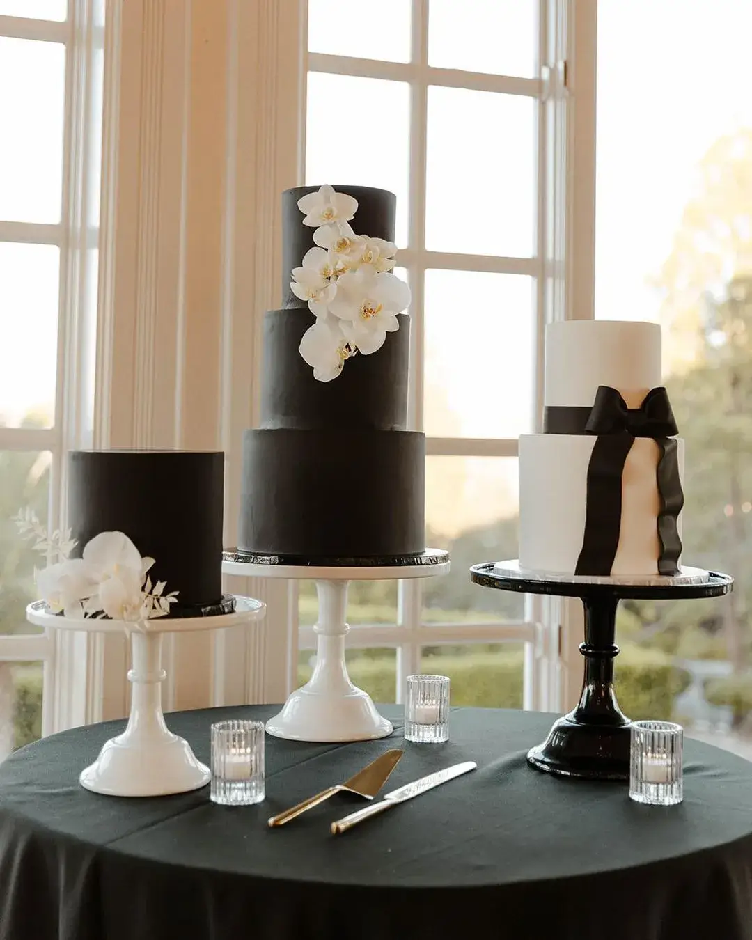 set of 3 black and white wedding cakes