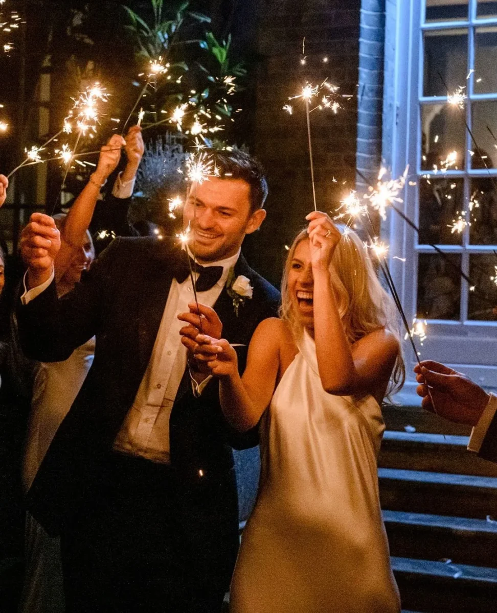Newly married couple holding wedding sparklers