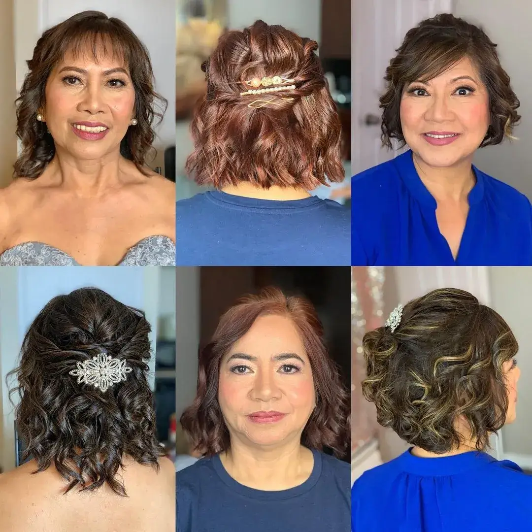 3 different mothers of the brides with short hair clipped up in different ways