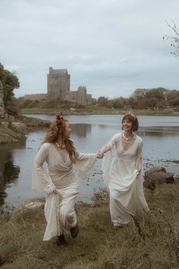 Newly married pagan couple posing after ceremony