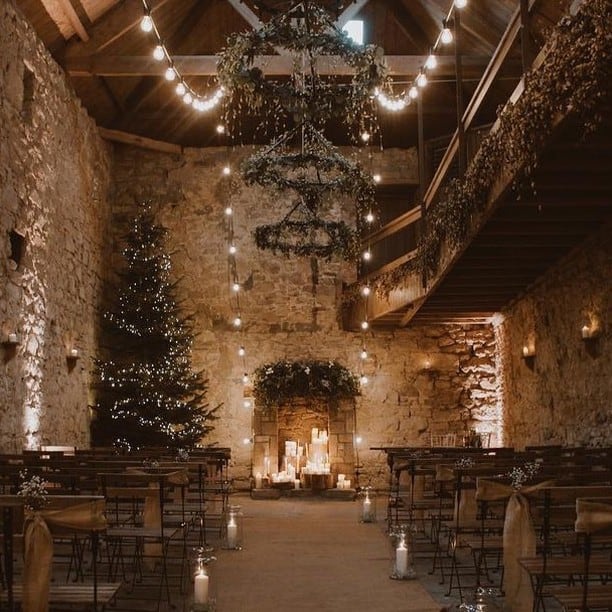 wedding ceremony set up with Christmas tree and holiday decore
